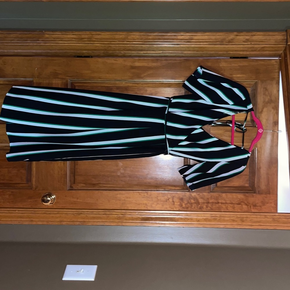 capri jumpsuit. Black, white, and green stripes. Never worn.